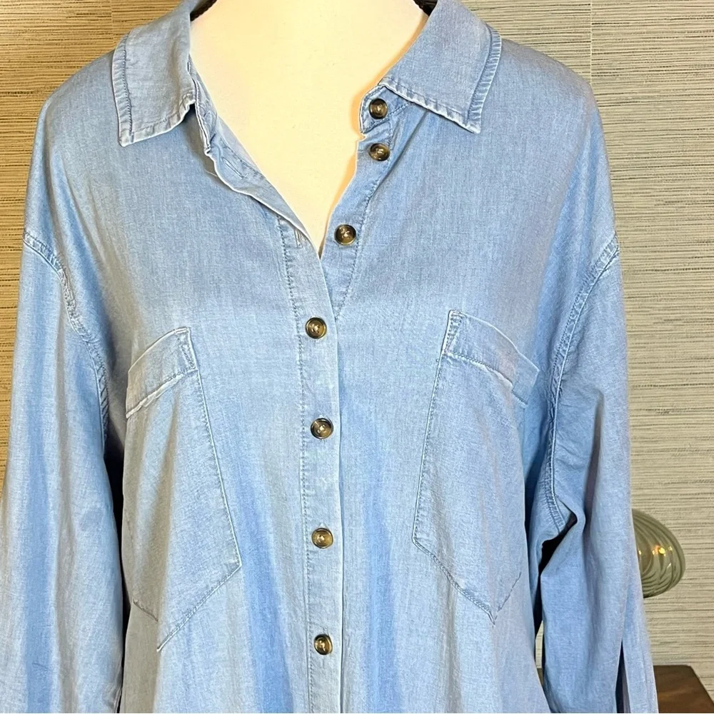 Universal Standard Chambray Blue Midi Shirt Dress Tie Waist Long Sleeve Size XL - Picture 3 of 8